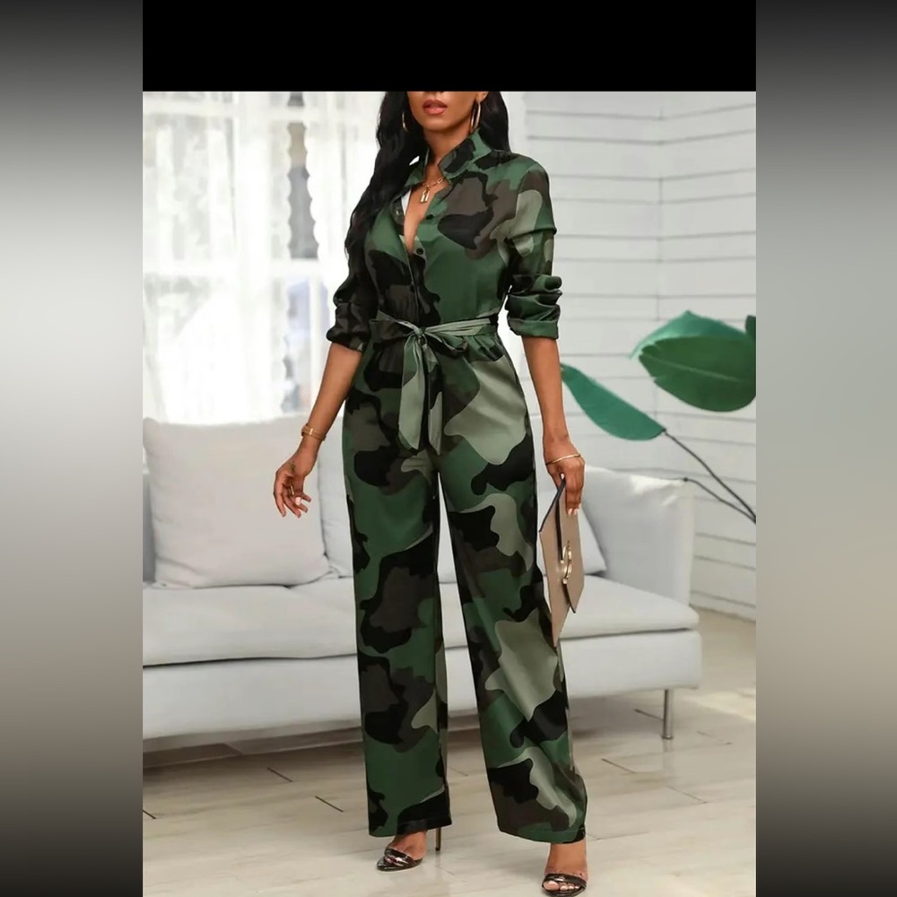 Camo Graphic Body Jumpsuit,Straight Leg Long Sleeve Collar Jumpsuit for Women